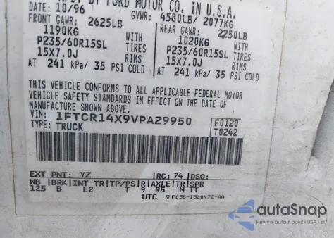 1997 Ford Ranger Splash/Xlt z USA, uszkodzony, nr VIN 1FTCR14X9VPA29950